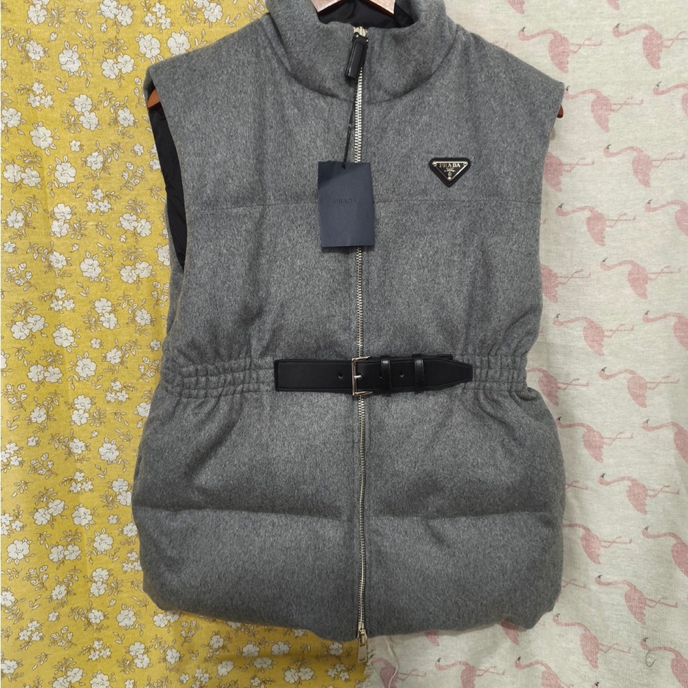 Prada Grey Sleeveless Quilted Belted Vest